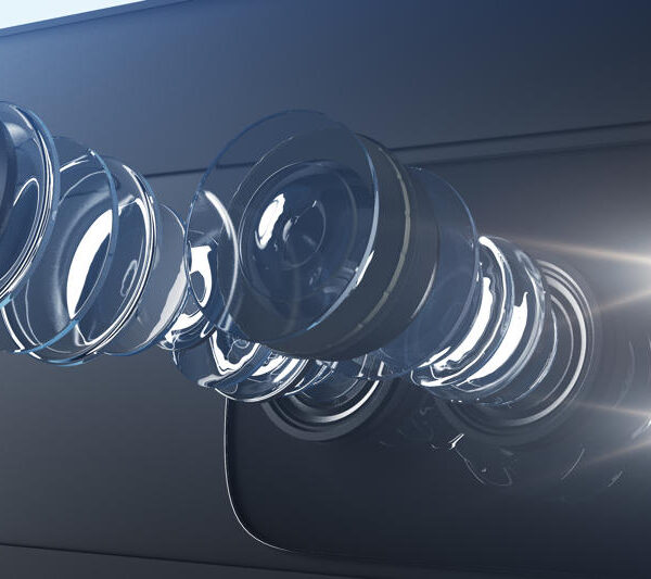 Technical illustration of modern dual-camera system for smartphone. Internal circuit of device on light background. Matrix concept. 3D Rendering