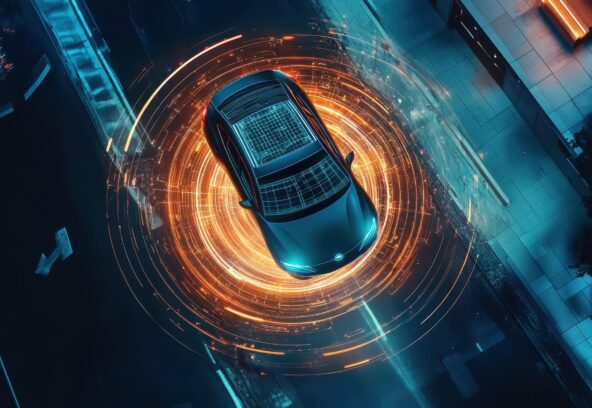 An overhead view of a modern car navigating an urban street, surrounded by illuminated digital graphics that suggest advanced driver-assistance systems or autonomous driving technology. The car is depicted in the center of a glowing, circular grid that overlays the road, indicating its awareness of the surroundings and other vehicles. The scene is futuristic, showcasing the integration of technology in modern transportation.