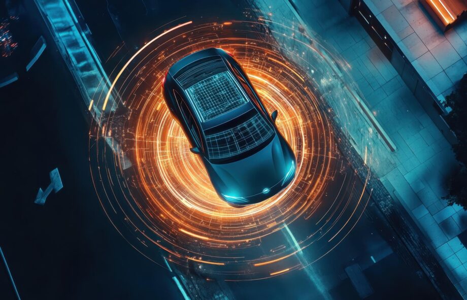 An overhead view of a modern car navigating an urban street, surrounded by illuminated digital graphics that suggest advanced driver-assistance systems or autonomous driving technology. The car is depicted in the center of a glowing, circular grid that overlays the road, indicating its awareness of the surroundings and other vehicles. The scene is futuristic, showcasing the integration of technology in modern transportation.